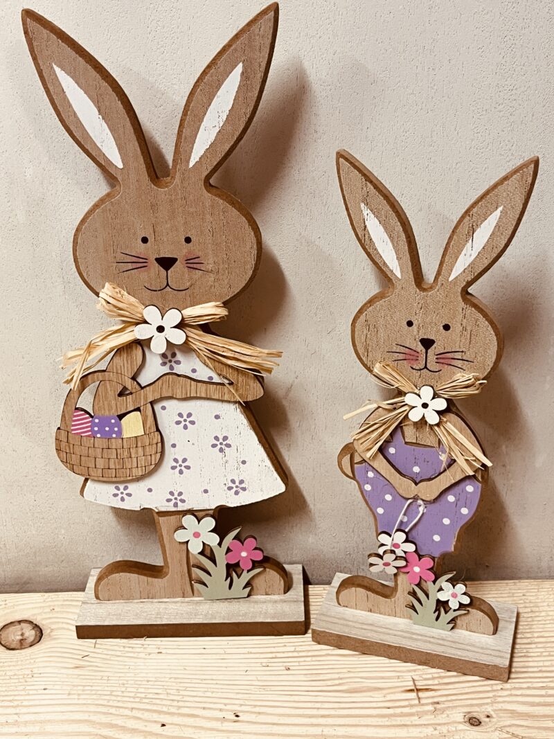 Set Conigli in Legno con Fiorellini